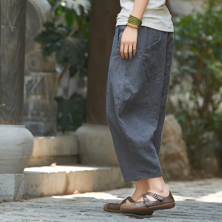 Johnature 2025 Summer Autumn Loose Vintage Pants New Women Solid Color Elastic Waist Pockets Ramie Ankle-Length Pants