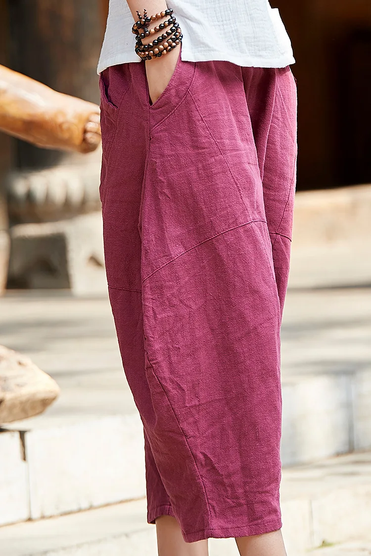 Johnature 2025 Summer Autumn Loose Vintage Pants New Women Solid Color Elastic Waist Pockets Ramie Ankle-Length Pants