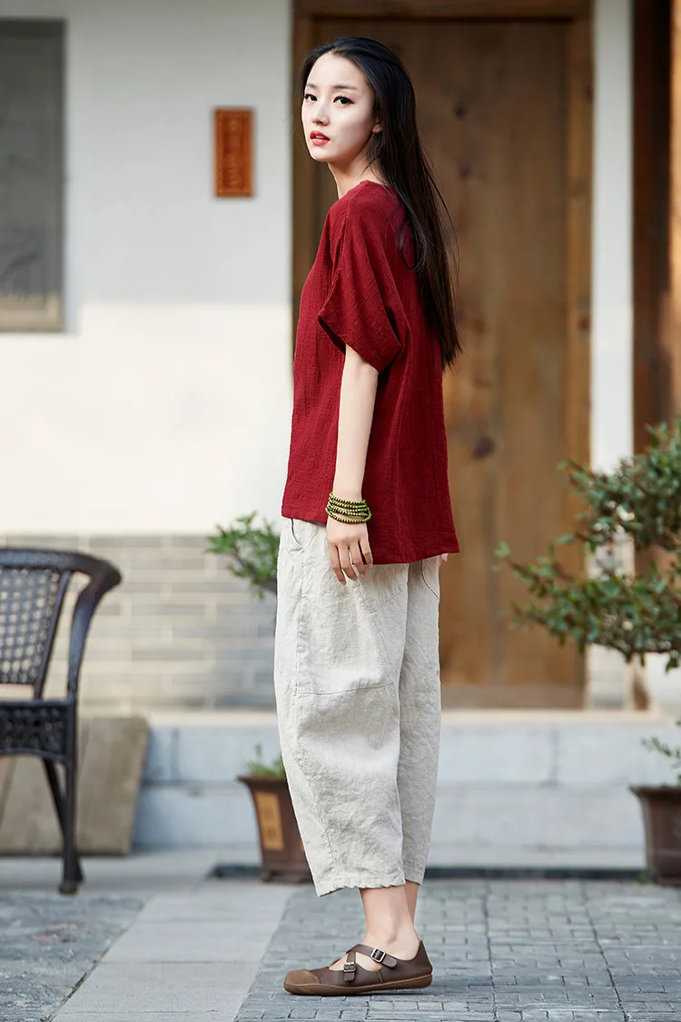 Johnature 2025 Summer Autumn Loose Vintage Pants New Women Solid Color Elastic Waist Pockets Ramie Ankle-Length Pants