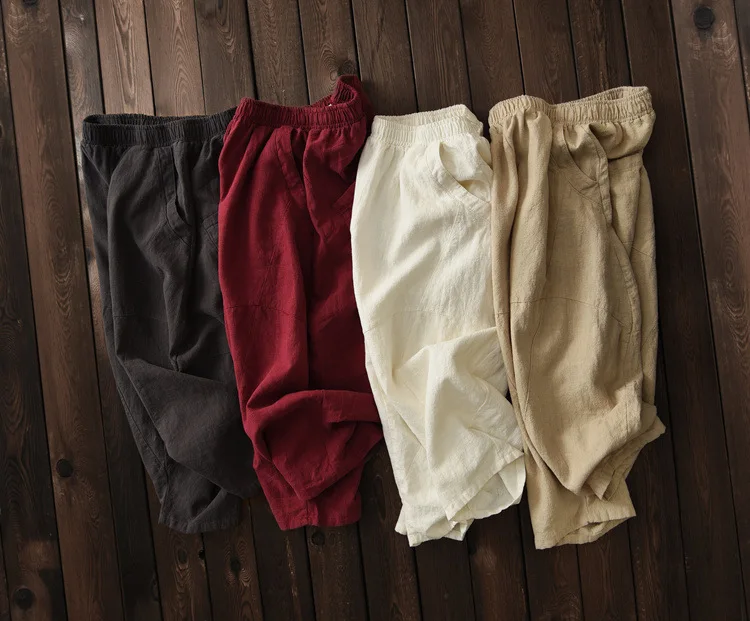 Johnature 2025 Summer Autumn Loose Vintage Pants New Women Solid Color Elastic Waist Pockets Ramie Ankle-Length Pants
