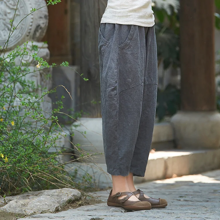 Johnature 2025 Summer Autumn Loose Vintage Pants New Women Solid Color Elastic Waist Pockets Ramie Ankle-Length Pants