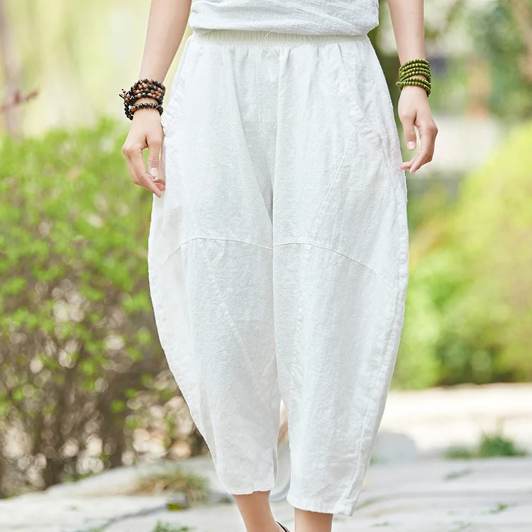Johnature 2025 Summer Autumn Loose Vintage Pants New Women Solid Color Elastic Waist Pockets Ramie Ankle-Length Pants