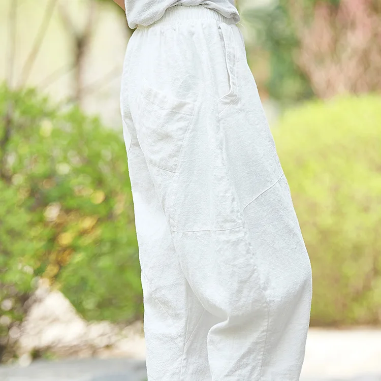 Johnature 2025 Summer Autumn Loose Vintage Pants New Women Solid Color Elastic Waist Pockets Ramie Ankle-Length Pants