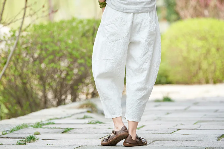 Johnature 2025 Summer Autumn Loose Vintage Pants New Women Solid Color Elastic Waist Pockets Ramie Ankle-Length Pants