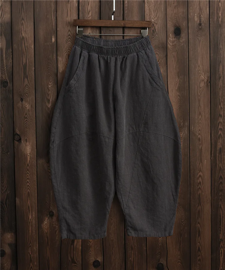 Johnature 2025 Summer Autumn Loose Vintage Pants New Women Solid Color Elastic Waist Pockets Ramie Ankle-Length Pants