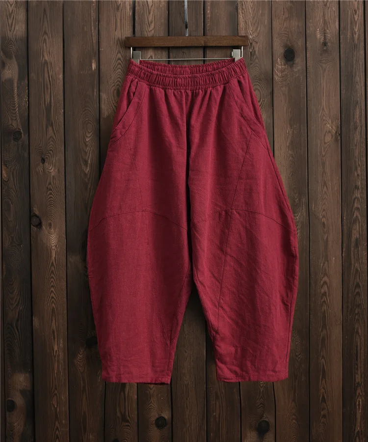 Johnature 2025 Summer Autumn Loose Vintage Pants New Women Solid Color Elastic Waist Pockets Ramie Ankle-Length Pants
