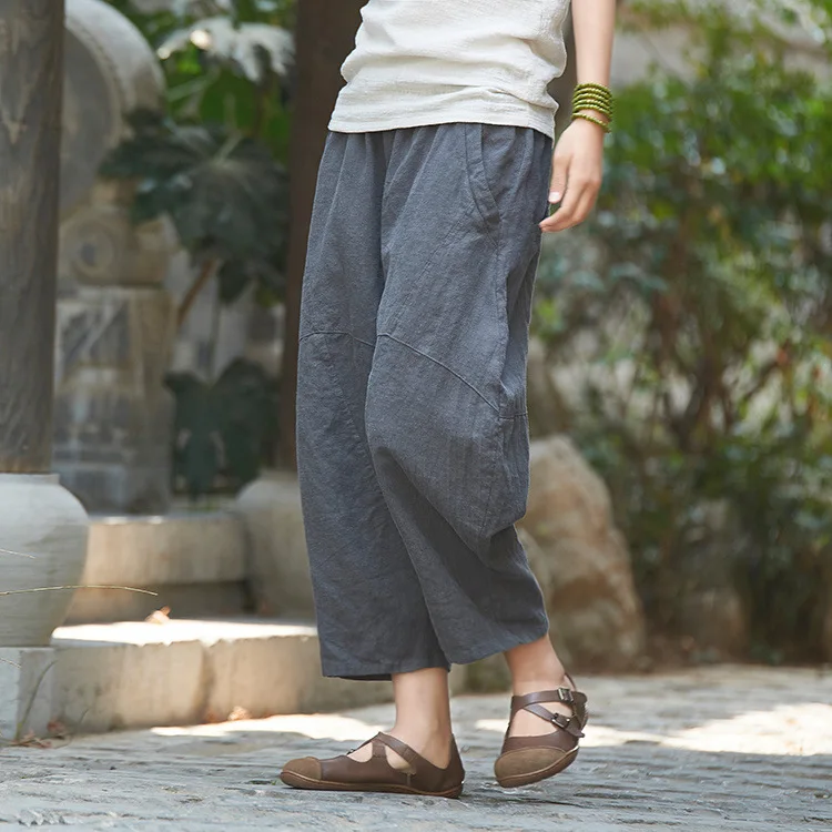 Johnature 2025 Summer Autumn Loose Vintage Pants New Women Solid Color Elastic Waist Pockets Ramie Ankle-Length Pants