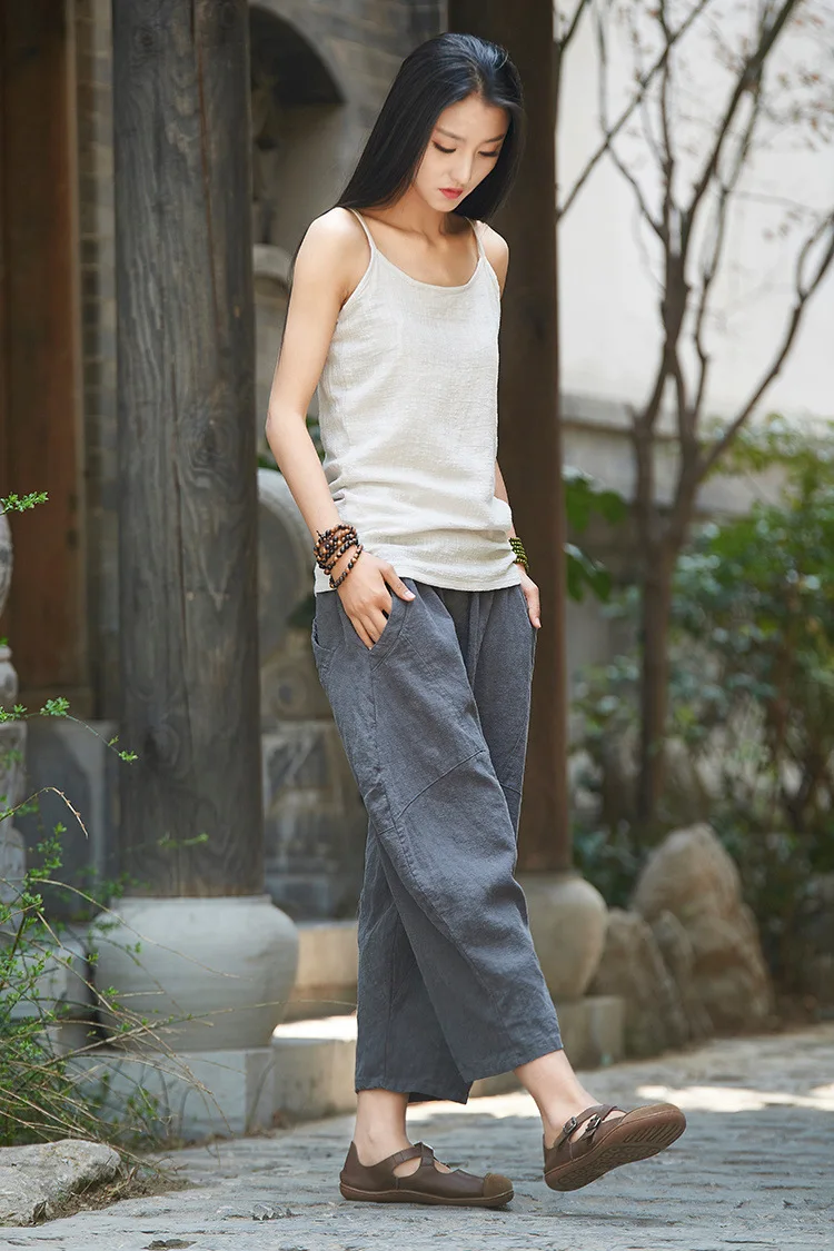 Johnature 2025 Summer Autumn Loose Vintage Pants New Women Solid Color Elastic Waist Pockets Ramie Ankle-Length Pants