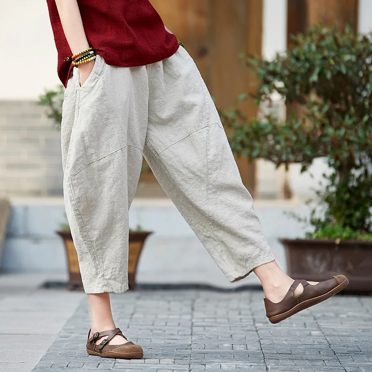 Johnature 2025 Summer Autumn Loose Vintage Pants New Women Solid Color Elastic Waist Pockets Ramie Ankle-Length Pants