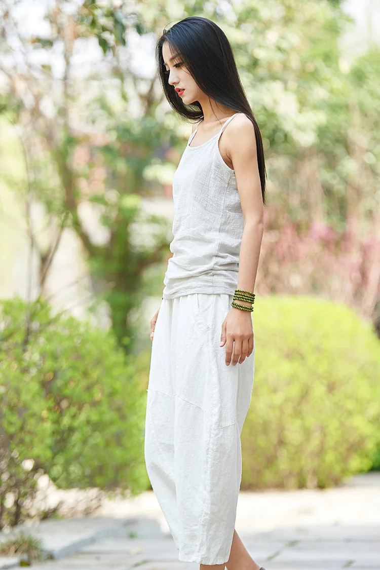 Johnature 2025 Summer Autumn Loose Vintage Pants New Women Solid Color Elastic Waist Pockets Ramie Ankle-Length Pants