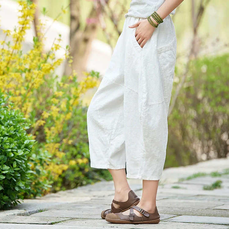 Johnature 2025 Summer Autumn Loose Vintage Pants New Women Solid Color Elastic Waist Pockets Ramie Ankle-Length Pants