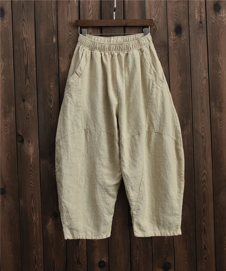 Johnature 2025 Summer Autumn Loose Vintage Pants New Women Solid Color Elastic Waist Pockets Ramie Ankle-Length Pants
