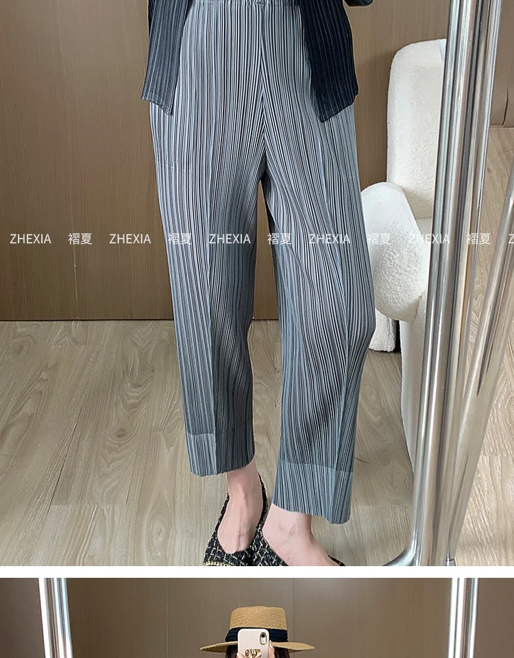 Miyake Pleated Straight Leg Pants, Women's Elastic Waist Cropped Pants, Casual and Versatile Small Leg Pants