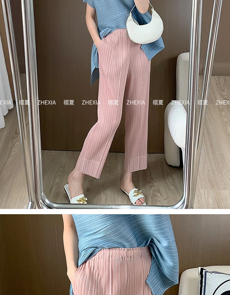 Miyake Pleated Straight Leg Pants, Women's Elastic Waist Cropped Pants, Casual and Versatile Small Leg Pants