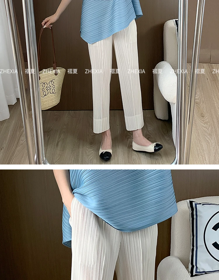 Miyake Pleated Straight Leg Pants, Women's Elastic Waist Cropped Pants, Casual and Versatile Small Leg Pants