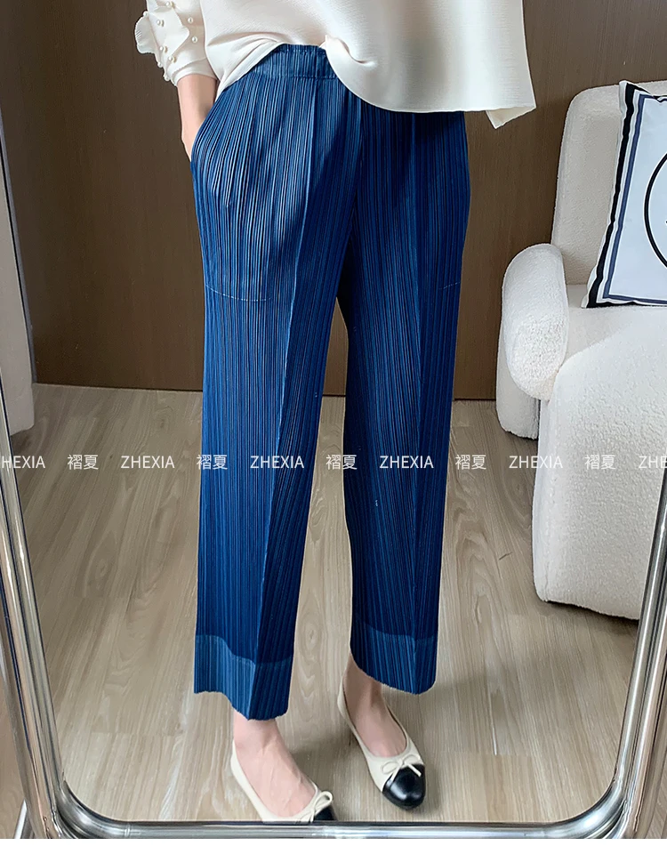 Miyake Pleated Straight Leg Pants, Women's Elastic Waist Cropped Pants, Casual and Versatile Small Leg Pants