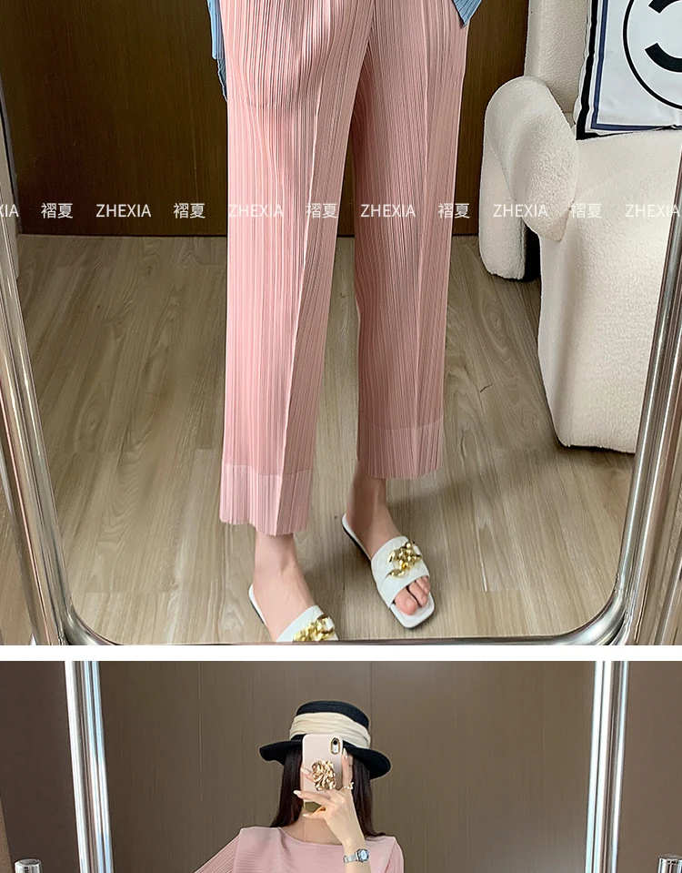 Miyake Pleated Straight Leg Pants, Women's Elastic Waist Cropped Pants, Casual and Versatile Small Leg Pants