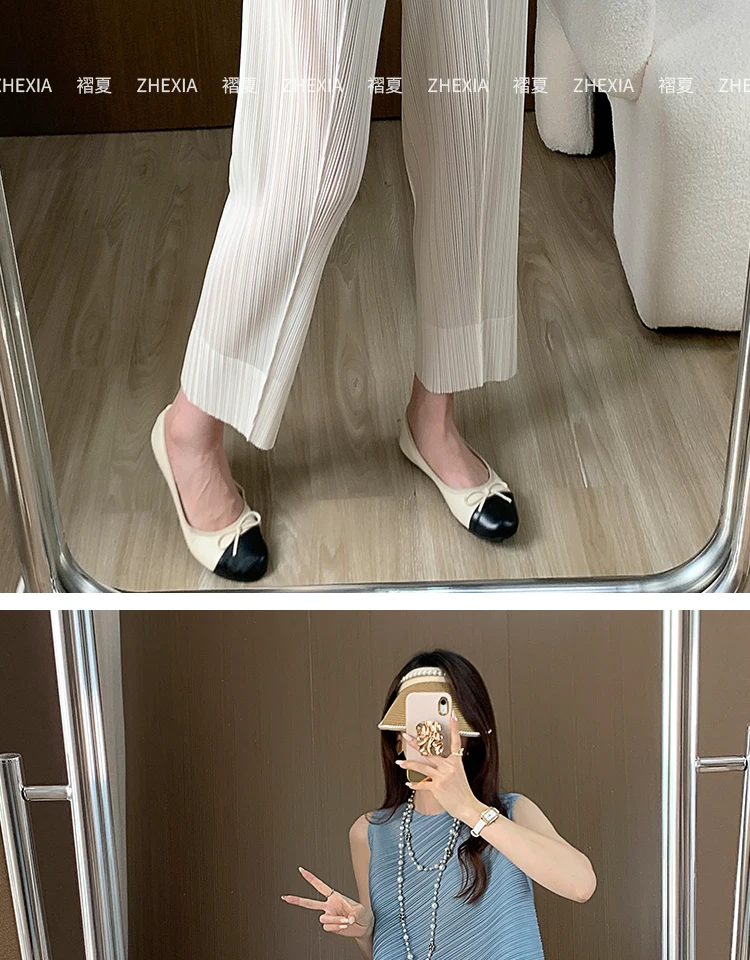 Miyake Pleated Straight Leg Pants, Women's Elastic Waist Cropped Pants, Casual and Versatile Small Leg Pants