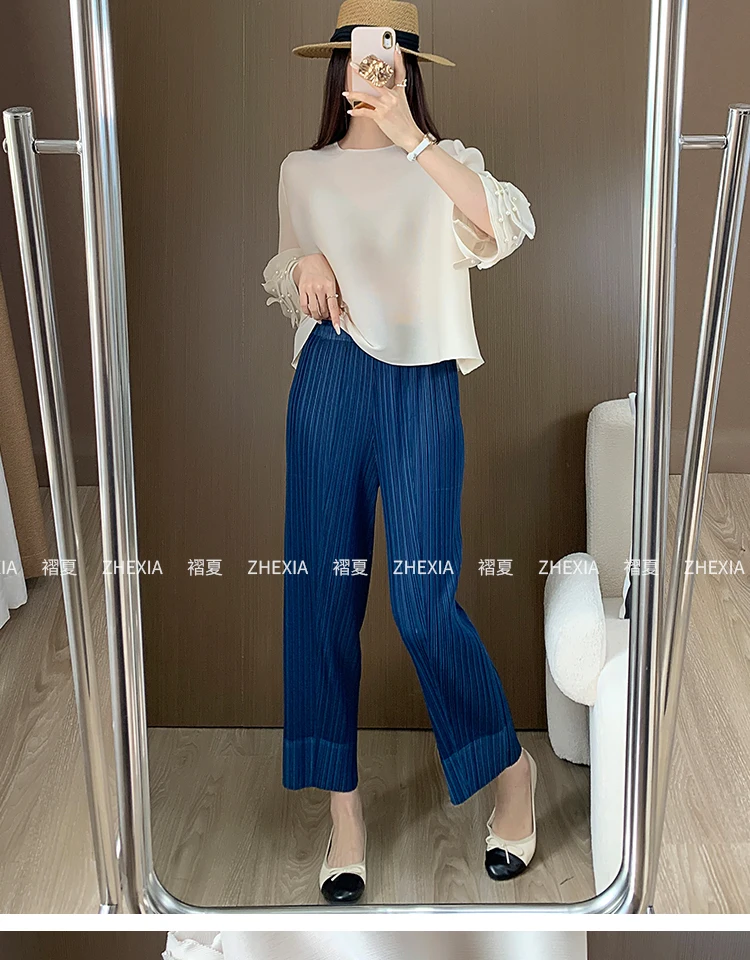 Miyake Pleated Straight Leg Pants, Women's Elastic Waist Cropped Pants, Casual and Versatile Small Leg Pants