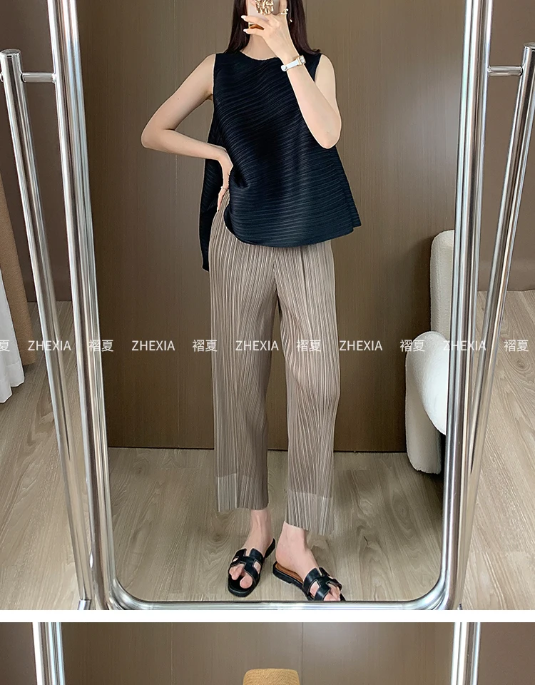 Miyake Pleated Straight Leg Pants, Women's Elastic Waist Cropped Pants, Casual and Versatile Small Leg Pants