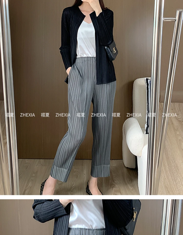 Miyake Pleated Straight Leg Pants, Women's Elastic Waist Cropped Pants, Casual and Versatile Small Leg Pants