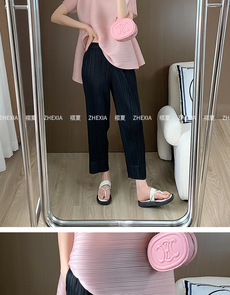 Miyake Pleated Straight Leg Pants, Women's Elastic Waist Cropped Pants, Casual and Versatile Small Leg Pants