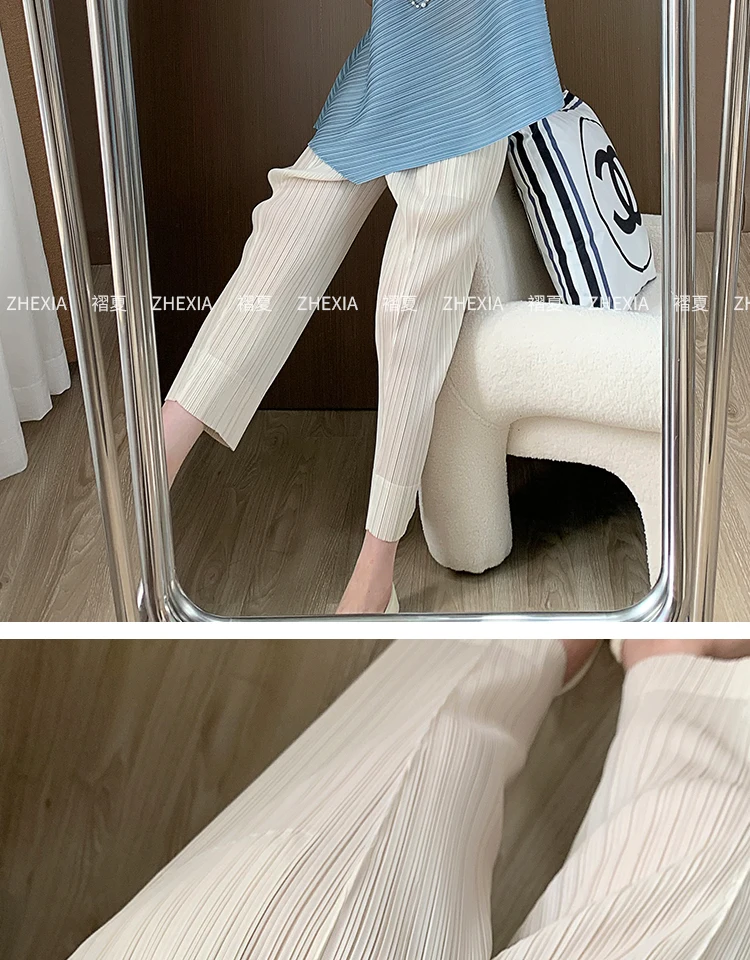 Miyake Pleated Straight Leg Pants, Women's Elastic Waist Cropped Pants, Casual and Versatile Small Leg Pants