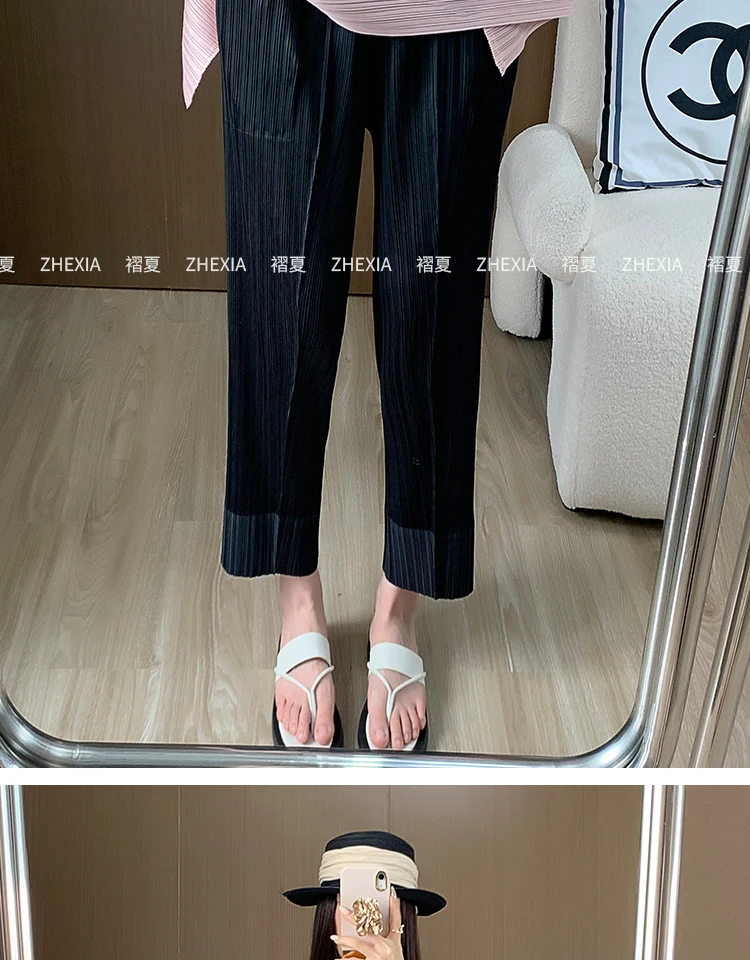 Miyake Pleated Straight Leg Pants, Women's Elastic Waist Cropped Pants, Casual and Versatile Small Leg Pants