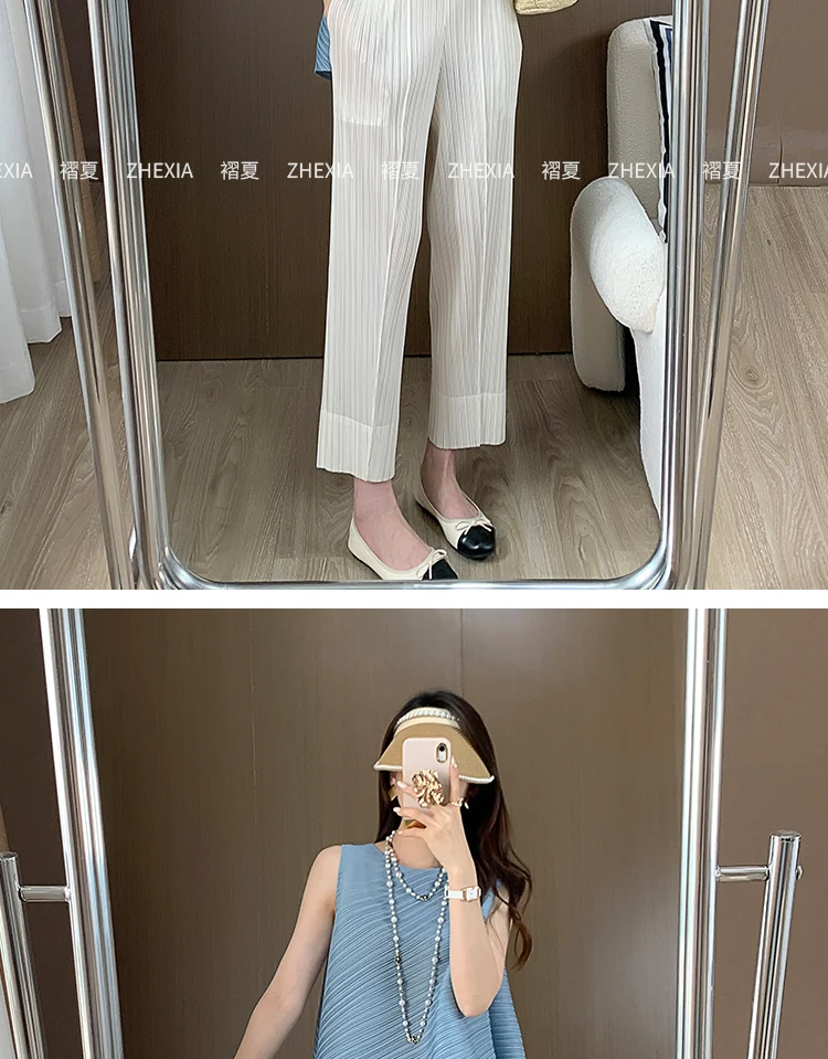 Miyake Pleated Straight Leg Pants, Women's Elastic Waist Cropped Pants, Casual and Versatile Small Leg Pants