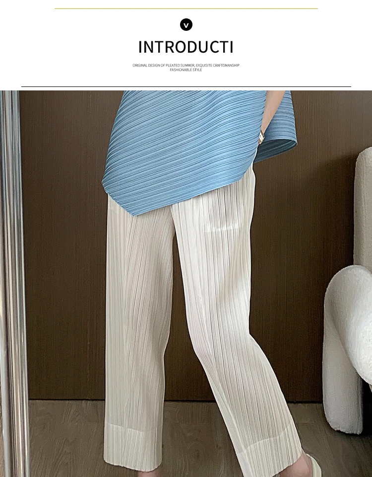 Miyake Pleated Straight Leg Pants, Women's Elastic Waist Cropped Pants, Casual and Versatile Small Leg Pants