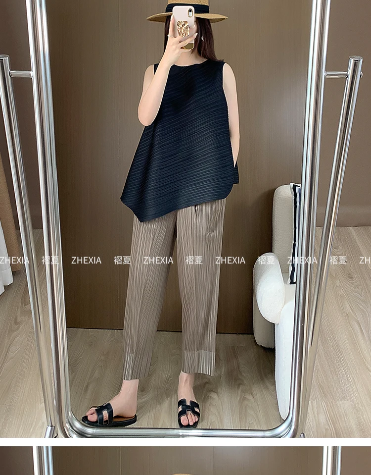 Miyake Pleated Straight Leg Pants, Women's Elastic Waist Cropped Pants, Casual and Versatile Small Leg Pants