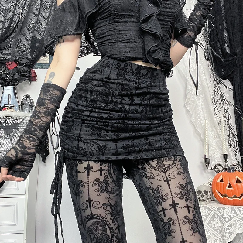 AltGoth Gothic Dark Flocking Pants Women Streetwear Aesthetic Emo Alt Grunge See Through Lace-up High Waist Flare Pants Female