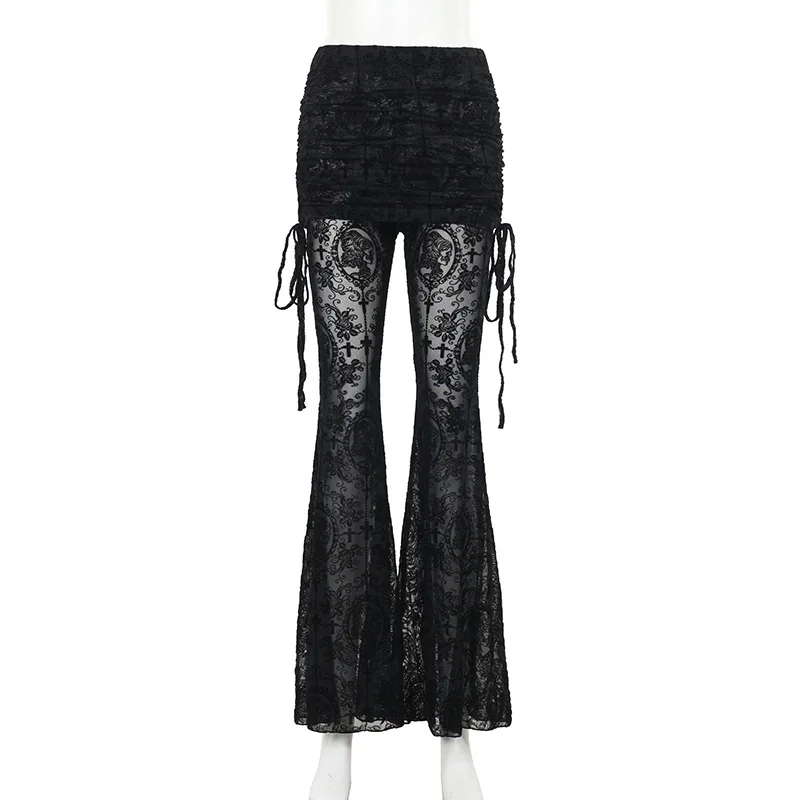 AltGoth Gothic Dark Flocking Pants Women Streetwear Aesthetic Emo Alt Grunge See Through Lace-up High Waist Flare Pants Female