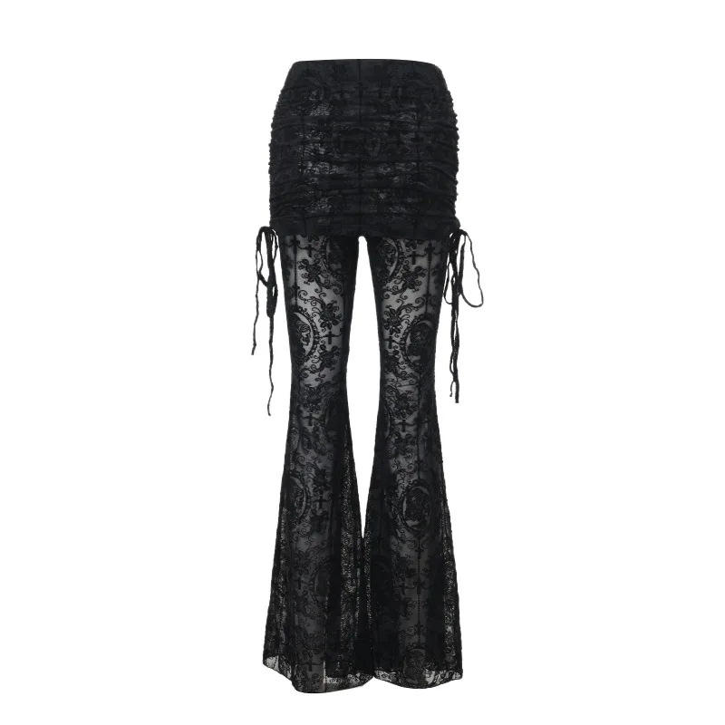 AltGoth Gothic Dark Flocking Pants Women Streetwear Aesthetic Emo Alt Grunge See Through Lace-up High Waist Flare Pants Female
