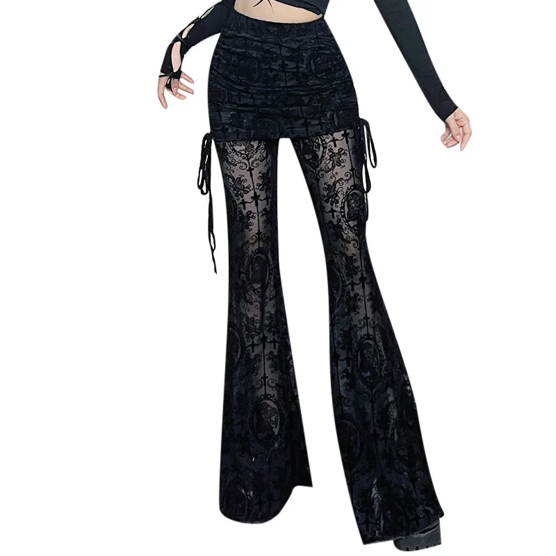 AltGoth Gothic Dark Flocking Pants Women Streetwear Aesthetic Emo Alt Grunge See Through Lace-up High Waist Flare Pants Female