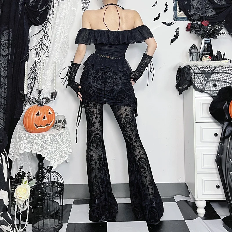 AltGoth Gothic Dark Flocking Pants Women Streetwear Aesthetic Emo Alt Grunge See Through Lace-up High Waist Flare Pants Female