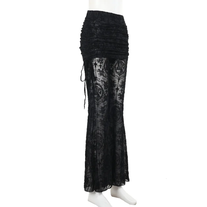 AltGoth Gothic Dark Flocking Pants Women Streetwear Aesthetic Emo Alt Grunge See Through Lace-up High Waist Flare Pants Female