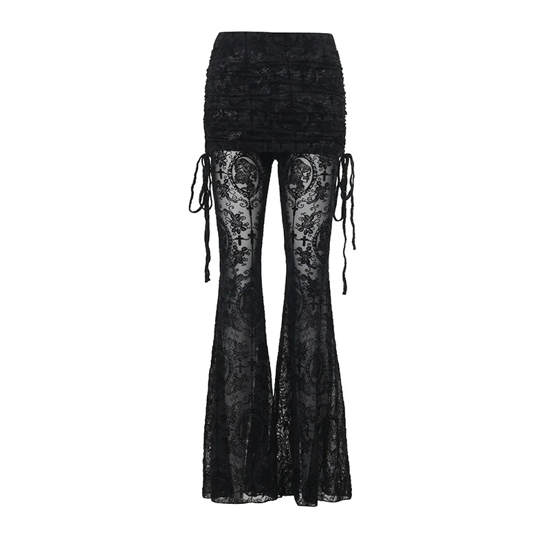 AltGoth Gothic Dark Flocking Pants Women Streetwear Aesthetic Emo Alt Grunge See Through Lace-up High Waist Flare Pants Female