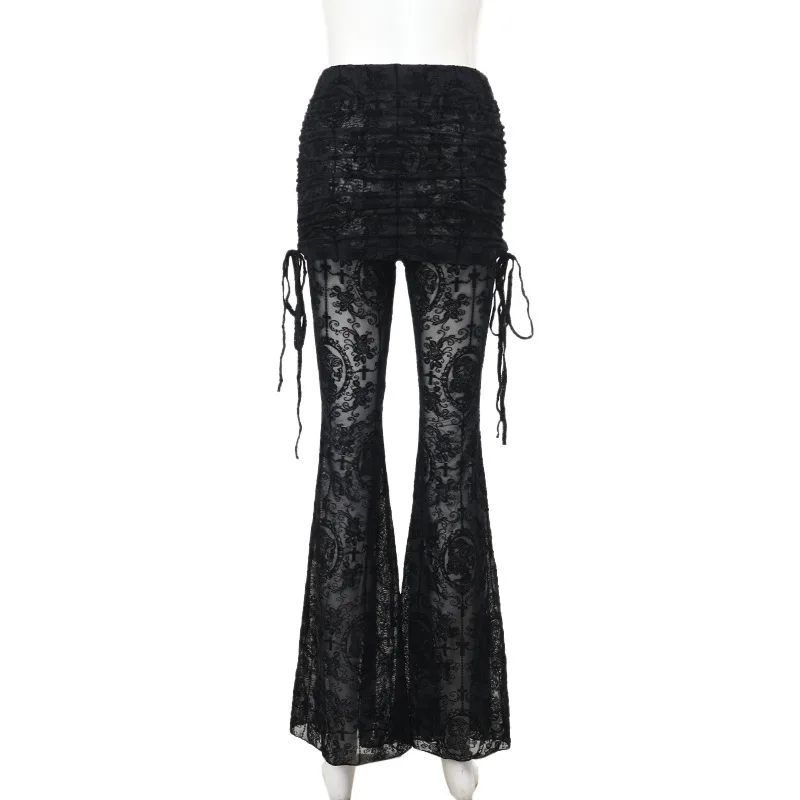 AltGoth Gothic Dark Flocking Pants Women Streetwear Aesthetic Emo Alt Grunge See Through Lace-up High Waist Flare Pants Female