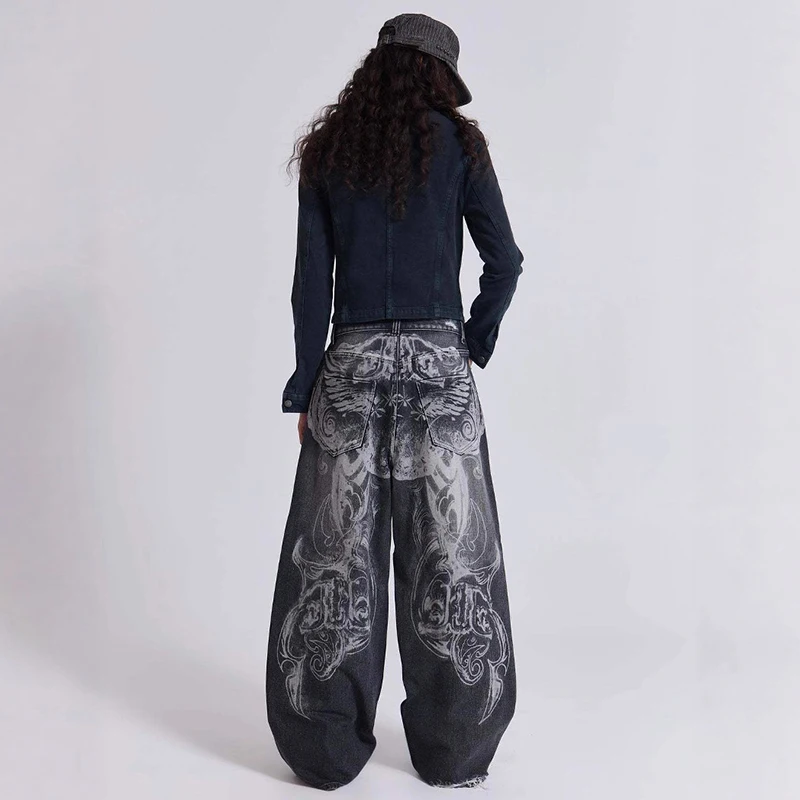 Hip Hop American Y2K Women Jeans High Street Vintage Gothic Print Fashion Casual Couple Wide-leg Pants Unisex Punk Work Pants