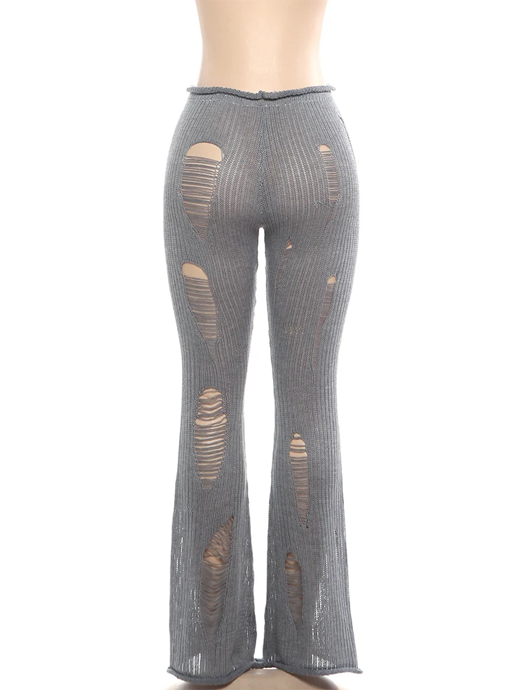 Weird Puss Knit Irregular Ripped Pants Women Autumn Trend Fashion Sexy Hottie Wild Solid Hip-Hop Street Clubwear Skinny Bottom