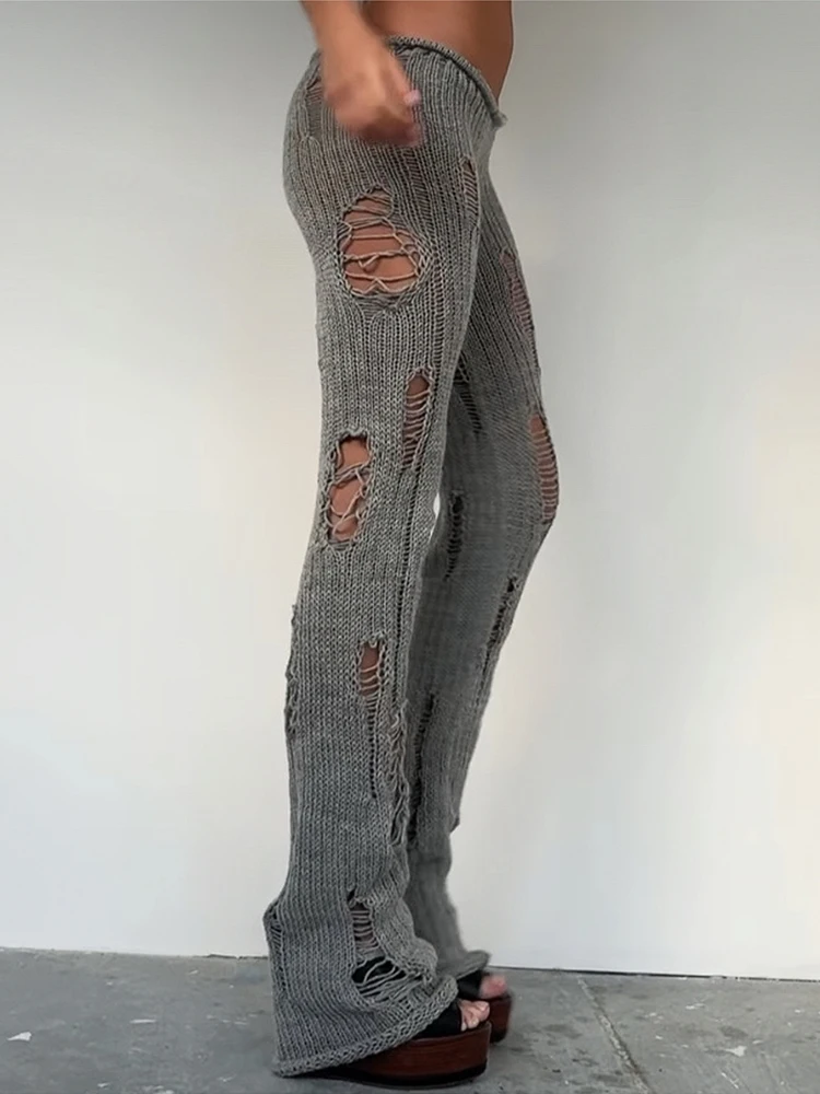Weird Puss Knit Irregular Ripped Pants Women Autumn Trend Fashion Sexy Hottie Wild Solid Hip-Hop Street Clubwear Skinny Bottom