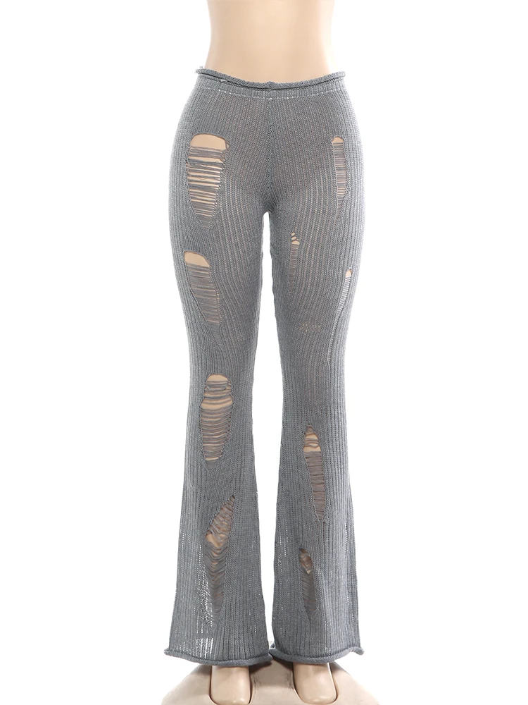 Weird Puss Knit Irregular Ripped Pants Women Autumn Trend Fashion Sexy Hottie Wild Solid Hip-Hop Street Clubwear Skinny Bottom