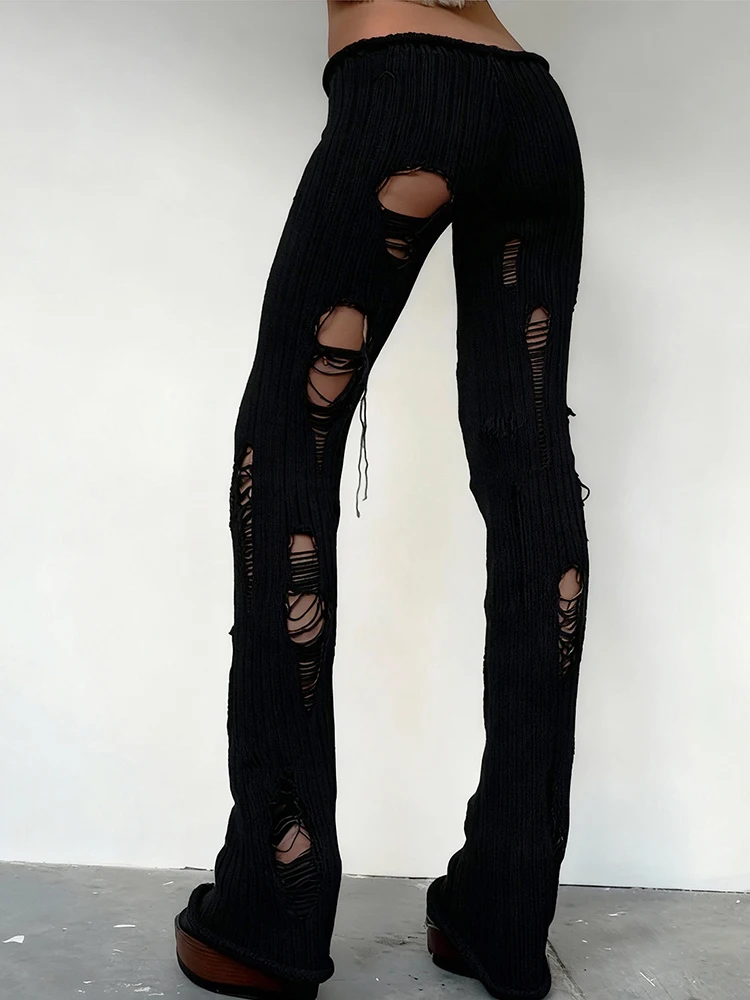 Weird Puss Knit Irregular Ripped Pants Women Autumn Trend Fashion Sexy Hottie Wild Solid Hip-Hop Street Clubwear Skinny Bottom