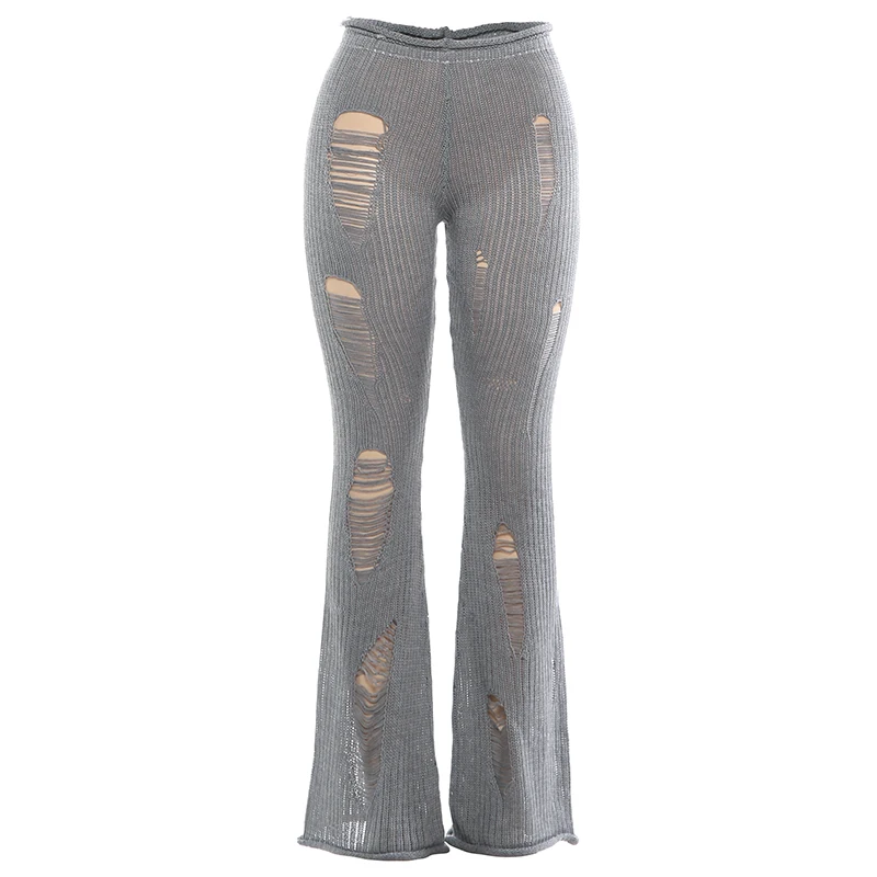 Weird Puss Knit Irregular Ripped Pants Women Autumn Trend Fashion Sexy Hottie Wild Solid Hip-Hop Street Clubwear Skinny Bottom