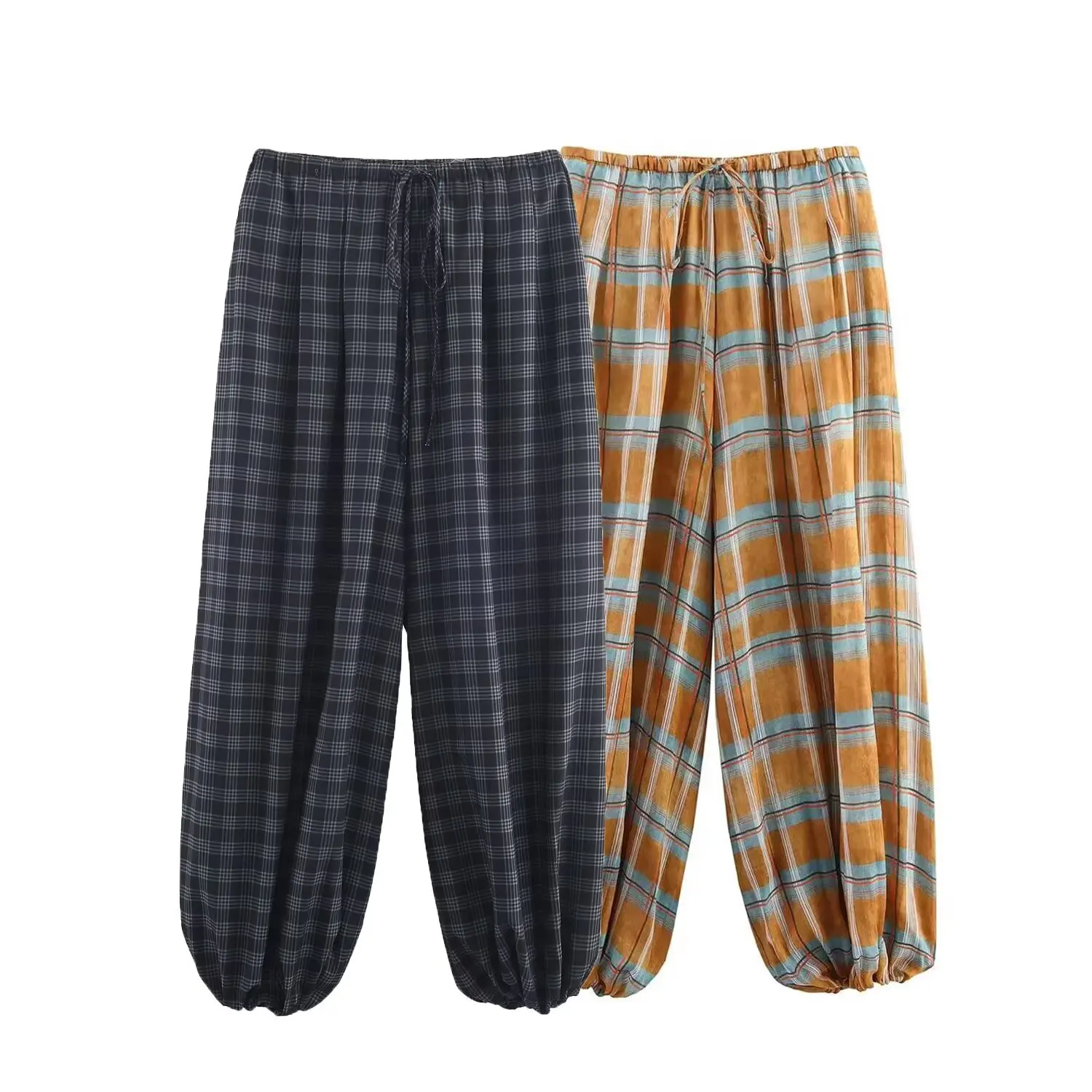 HH Women Autumn New Ramie Bloomers Plaid Printed Loose Pants Female Fashion Versatile Drawstring Streetwear Casual Trousers