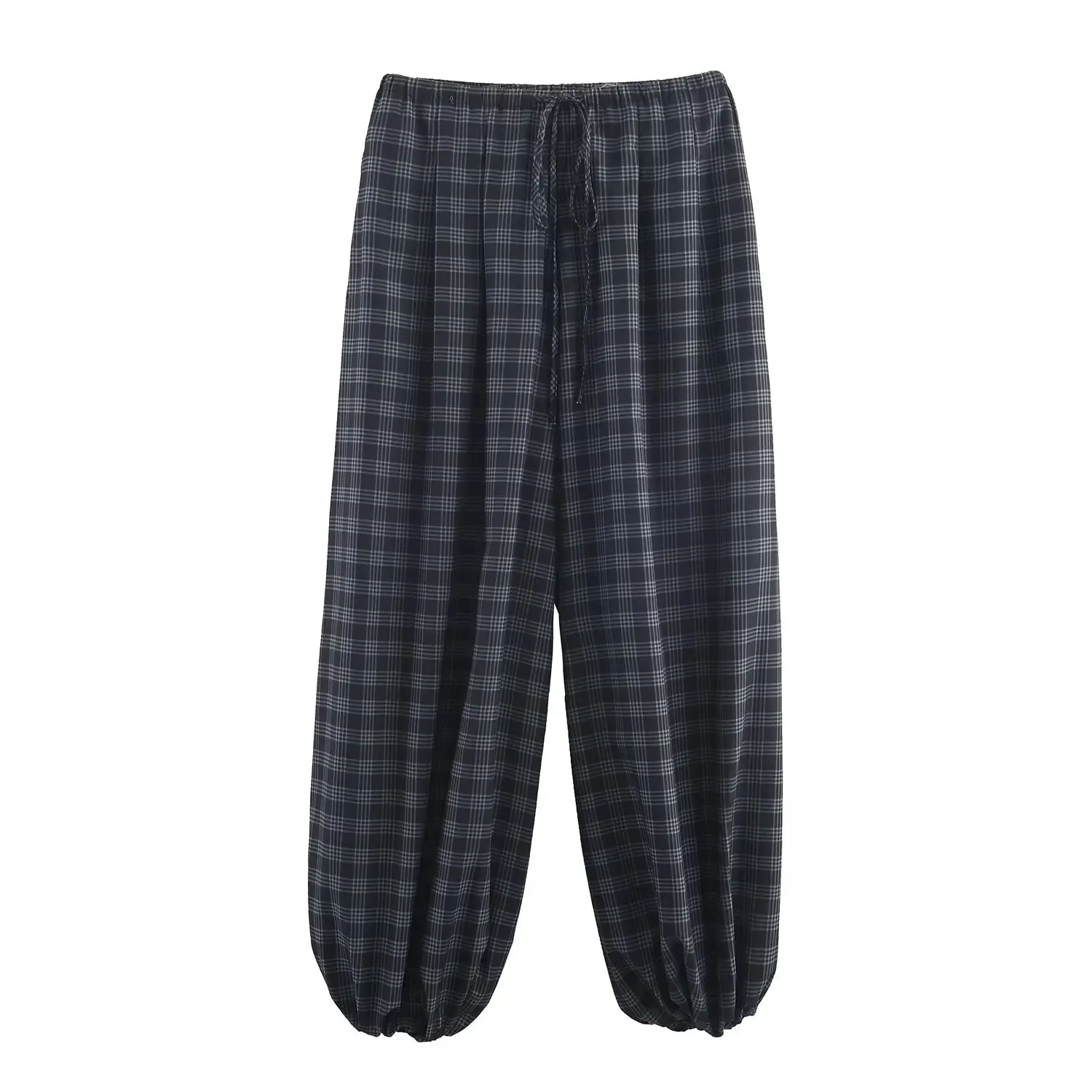 HH Women Autumn New Ramie Bloomers Plaid Printed Loose Pants Female Fashion Versatile Drawstring Streetwear Casual Trousers