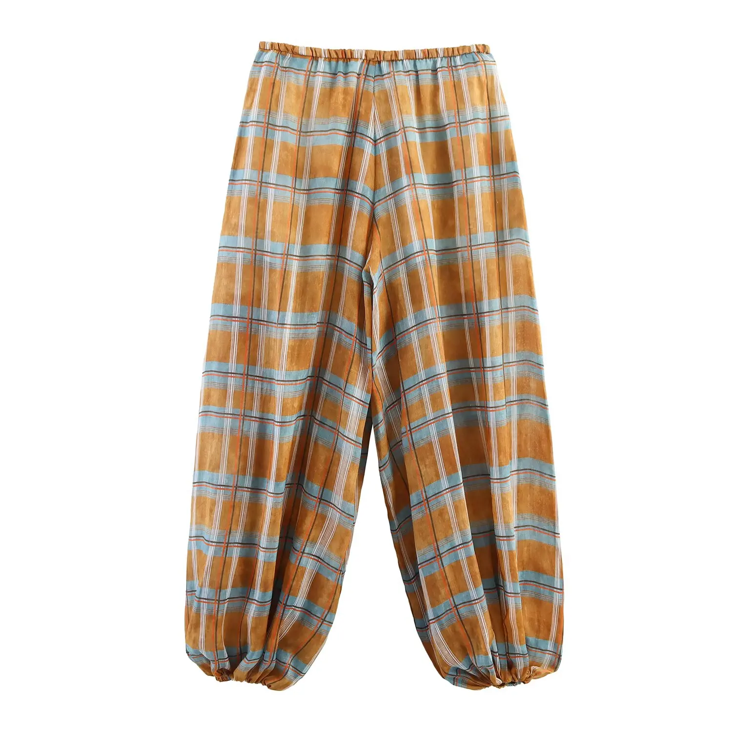 HH Women Autumn New Ramie Bloomers Plaid Printed Loose Pants Female Fashion Versatile Drawstring Streetwear Casual Trousers