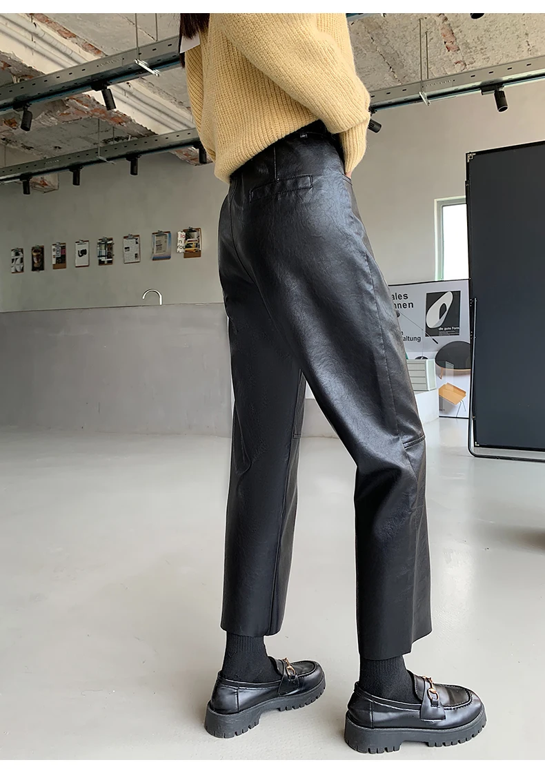 Seoulish Autumn Winter PU Faux Leather Women's Wide Leg Pants High Waist Female Casual Loose Ankle Length Trousers 2023 New