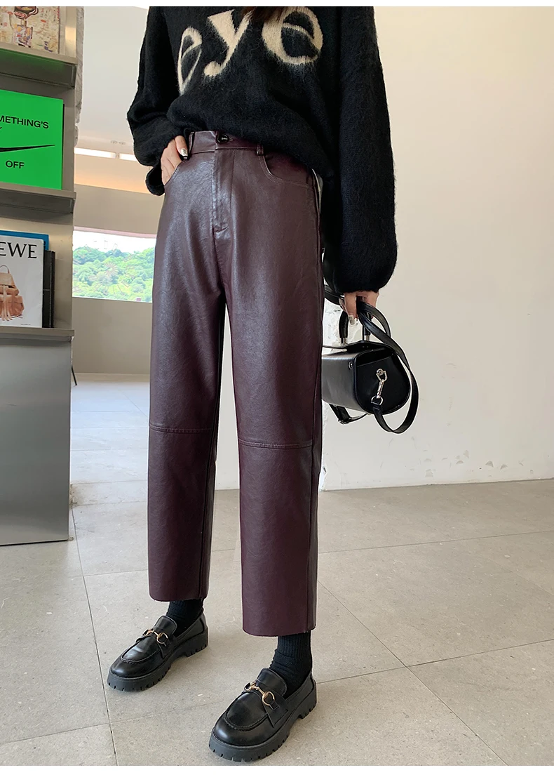 Seoulish Autumn Winter PU Faux Leather Women's Wide Leg Pants High Waist Female Casual Loose Ankle Length Trousers 2023 New